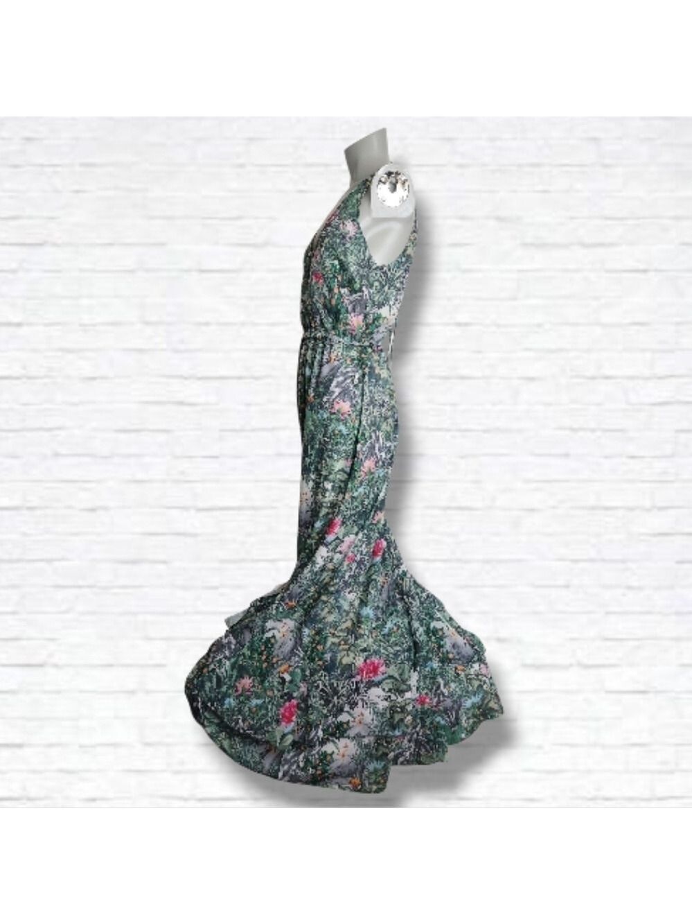 H&M Conscious Collection Green Tropical Print Floor Length Dress Size 10 - Picture 11 of 14